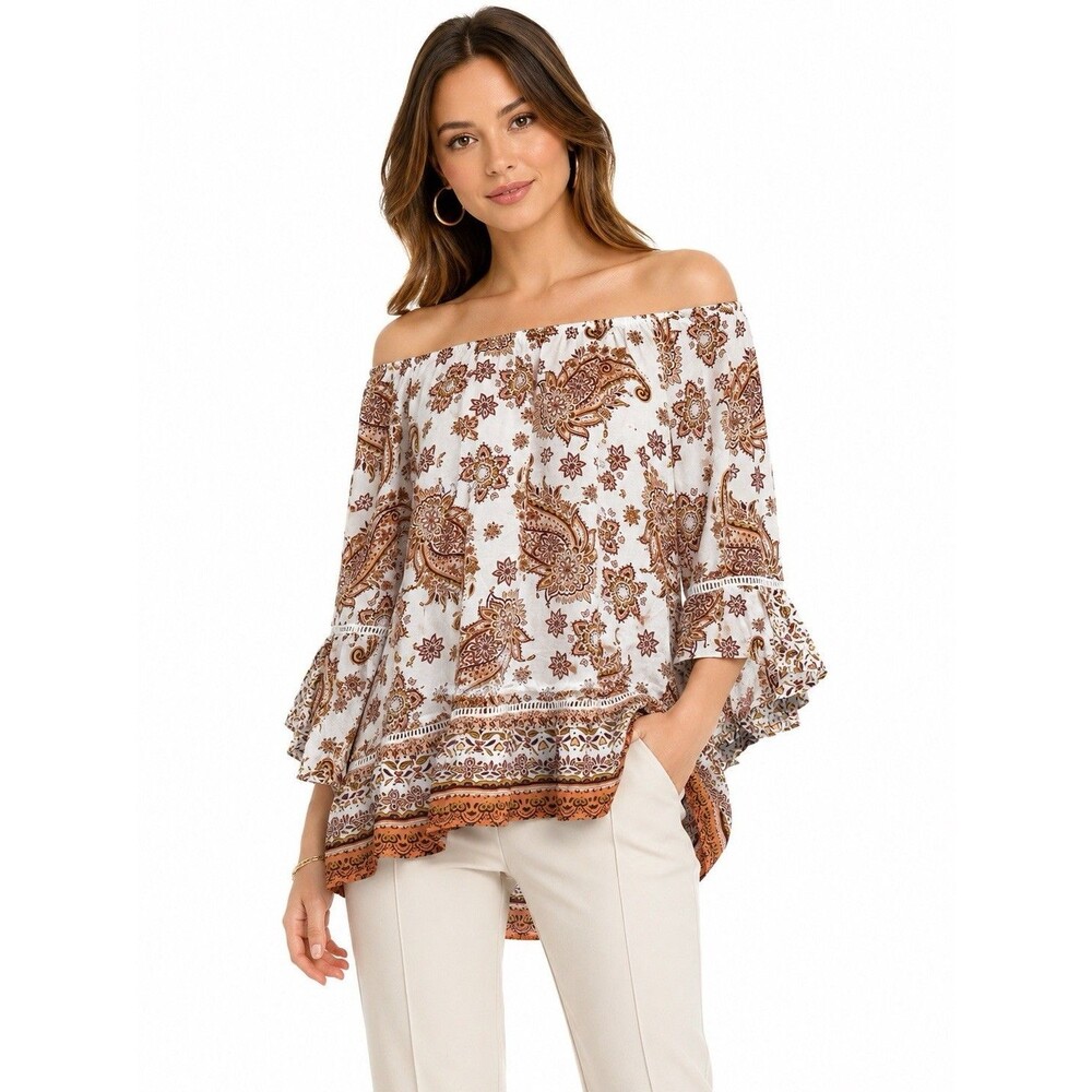 Fever Paisley Boho Off Shoulder Ruffle Blouse Top Size L